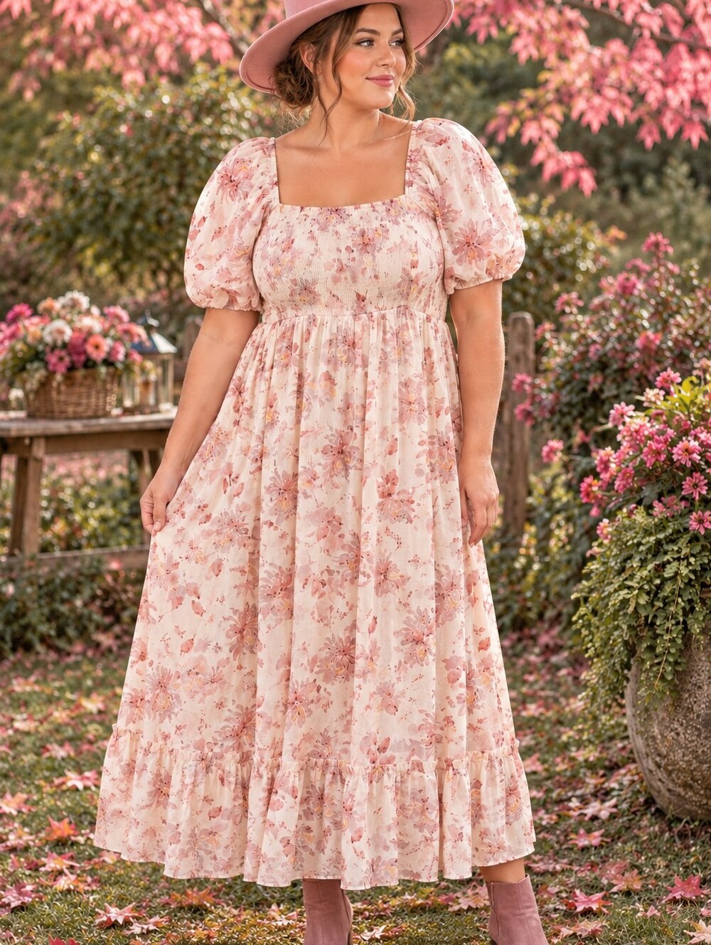 Polagram Cream Maxi Dress with Pink Floral Print